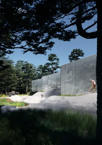 Proposed outdoor skate landscape beside the Extreme Sports Center facade in Vilnius