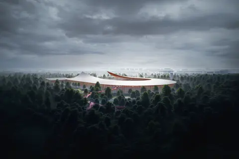 Proposed SKRA athletics stadium among park trees in Warsaw
