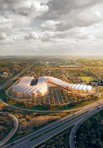 Aerial concept of The Serpent commercial hub in Kaunas, with a curving roofline and public landscape